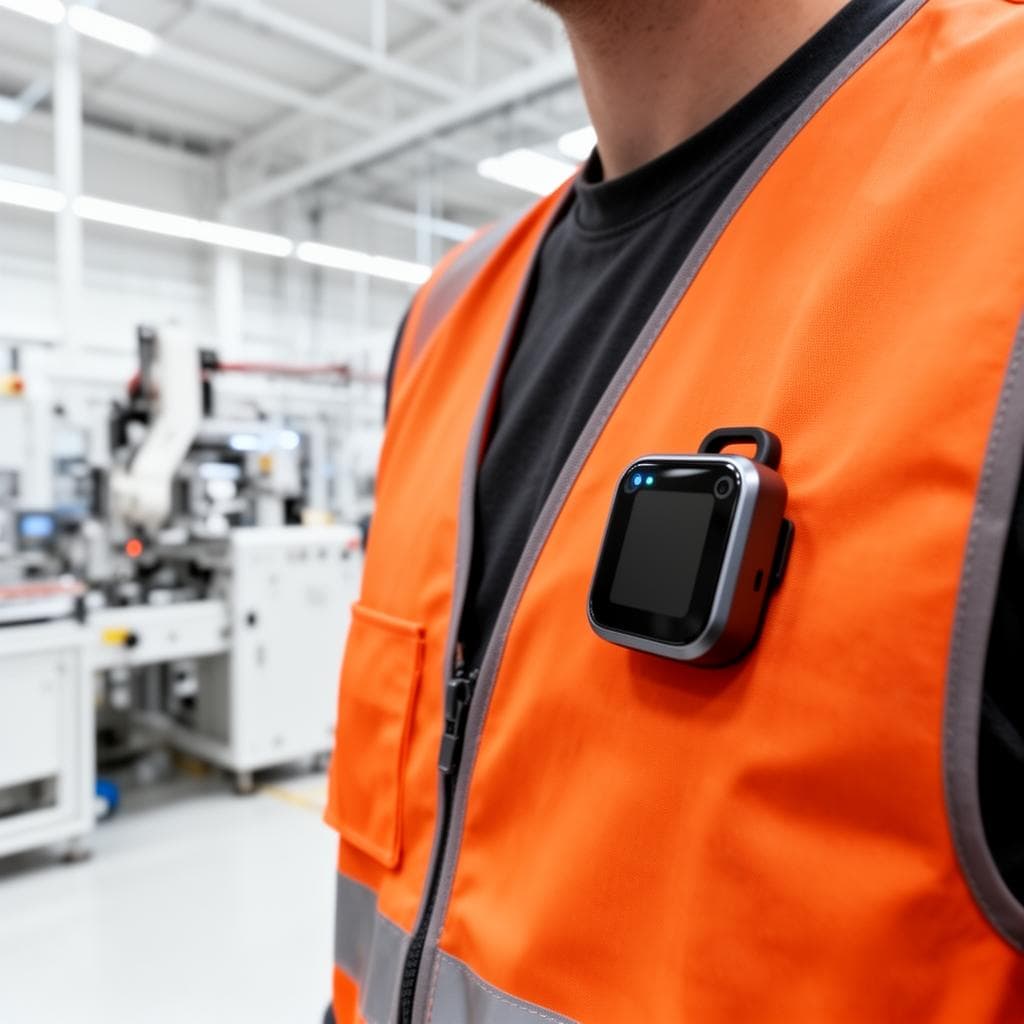 Worker wearing the Pio wearable AI camera clipped to a high-vis vest in a factory